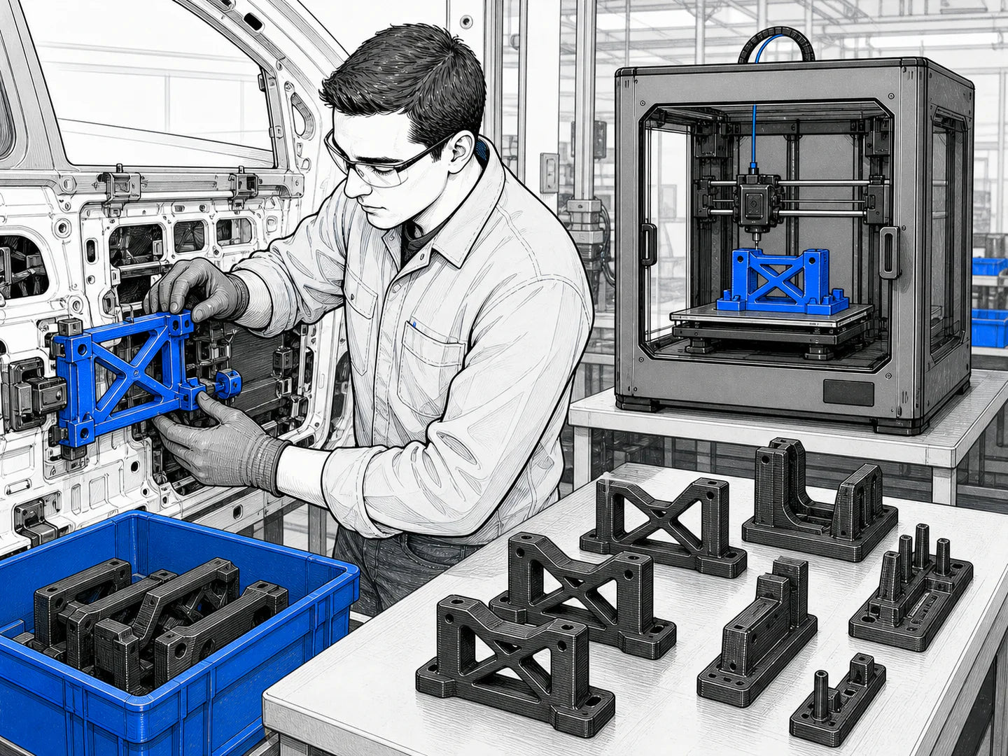 Automotive technician using a blue 3D-printed polymer assembly fixture at a vehicle workcell