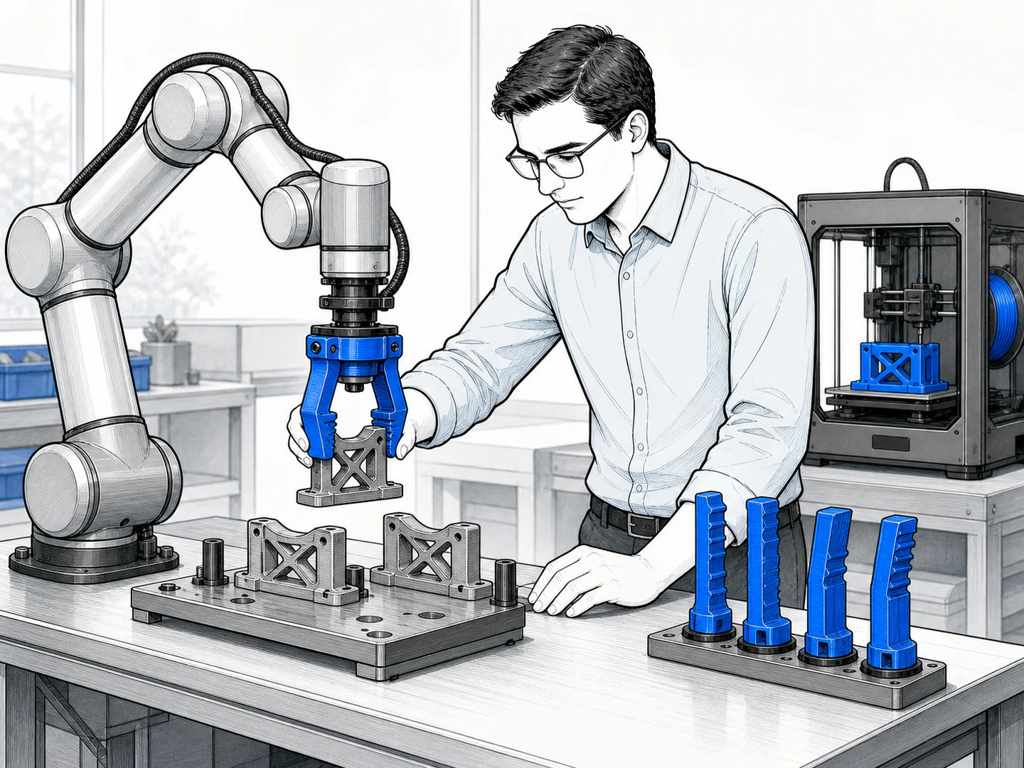 Engineer using a blue 3D-printed polymer gripper on a collaborative robot