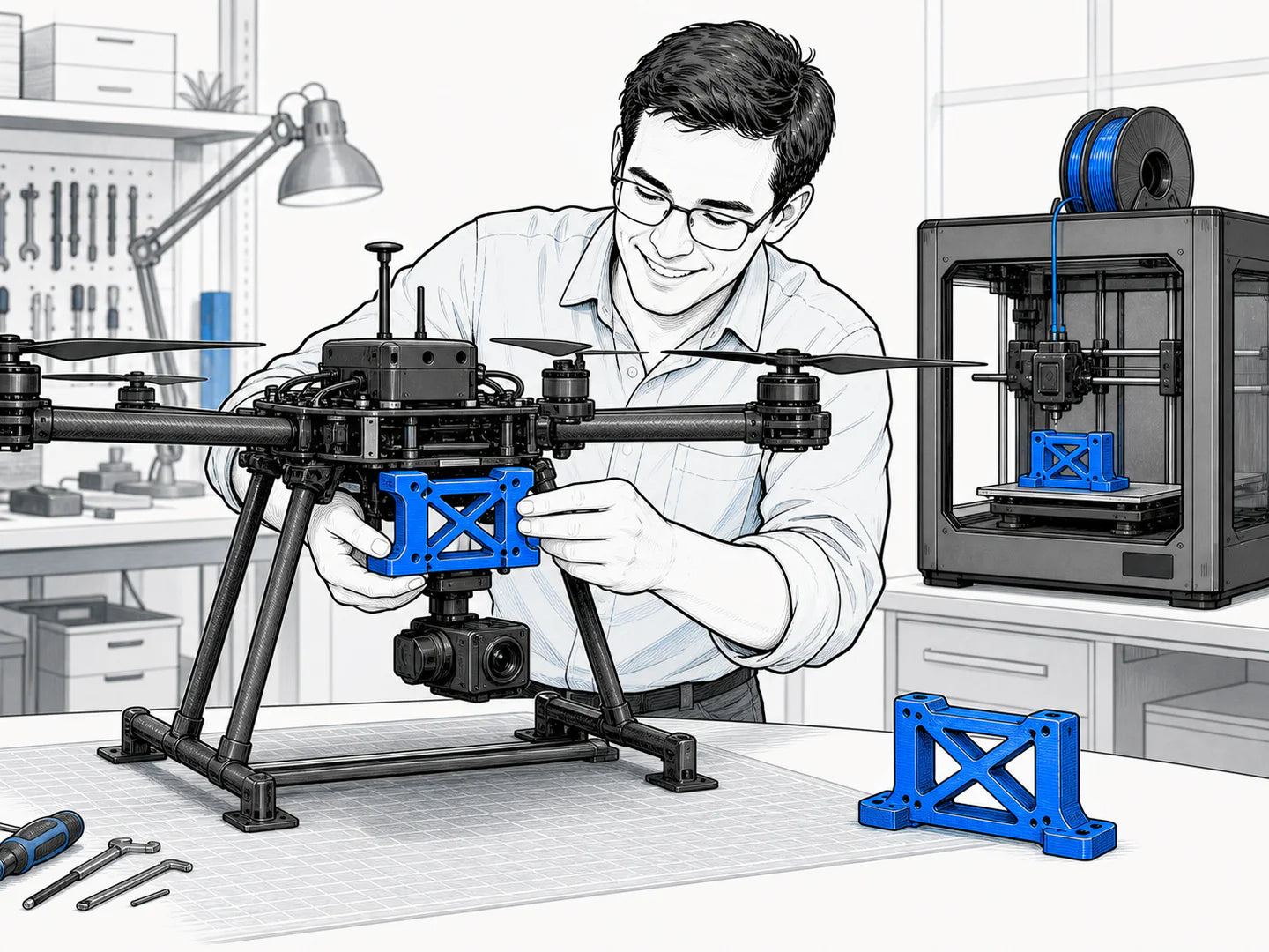 Engineer installing a blue 3D-printed polymer payload mount on a professional drone