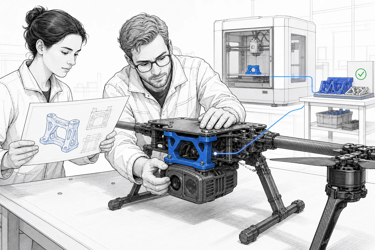 Two engineers validate a blue 3D-printed UAV payload bracket on the real assembly while the same part moves from printing to controlled production