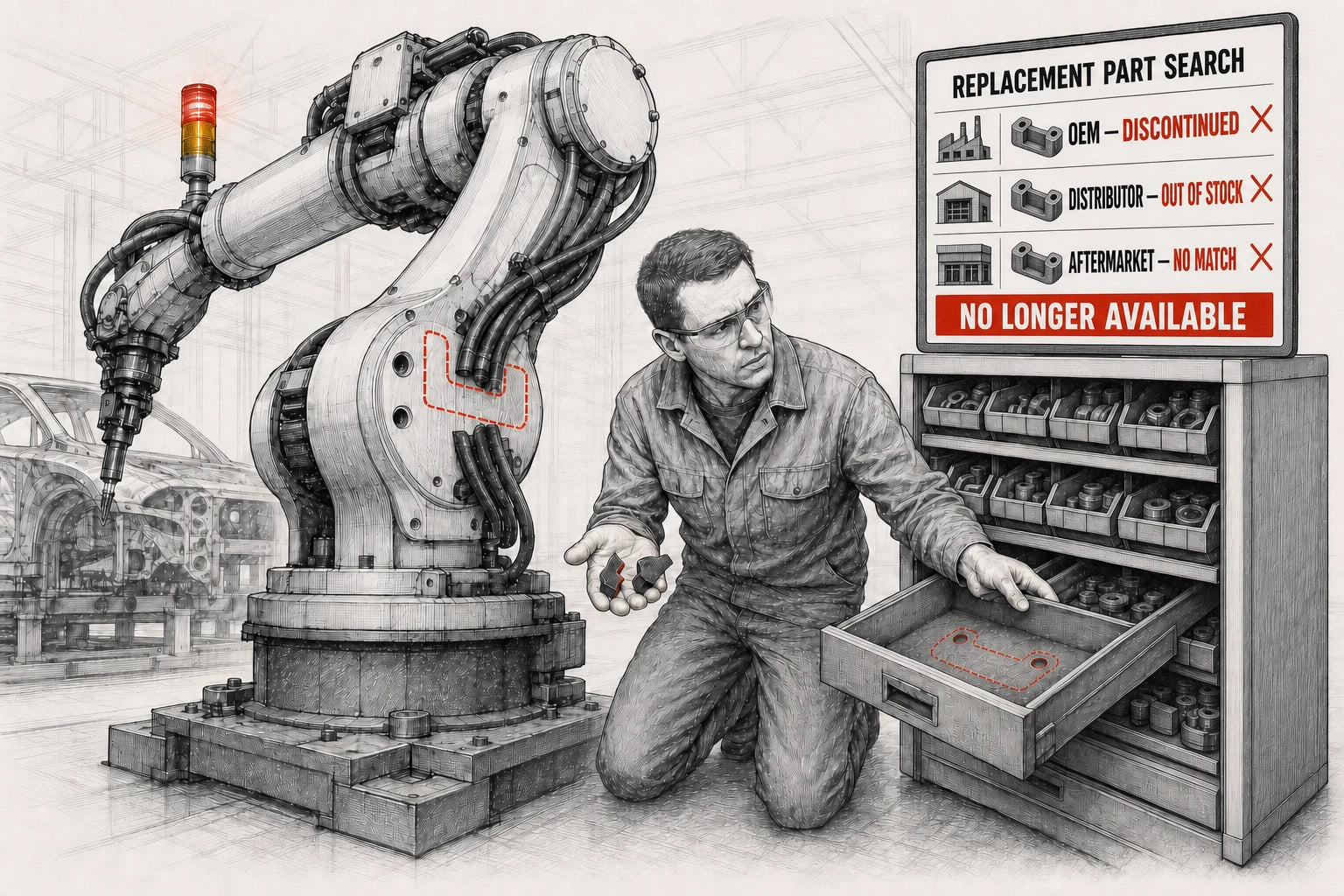 A stopped industrial robot is missing a bracket; the spare drawer is empty and OEM, distributor, and aftermarket searches show no replacement available